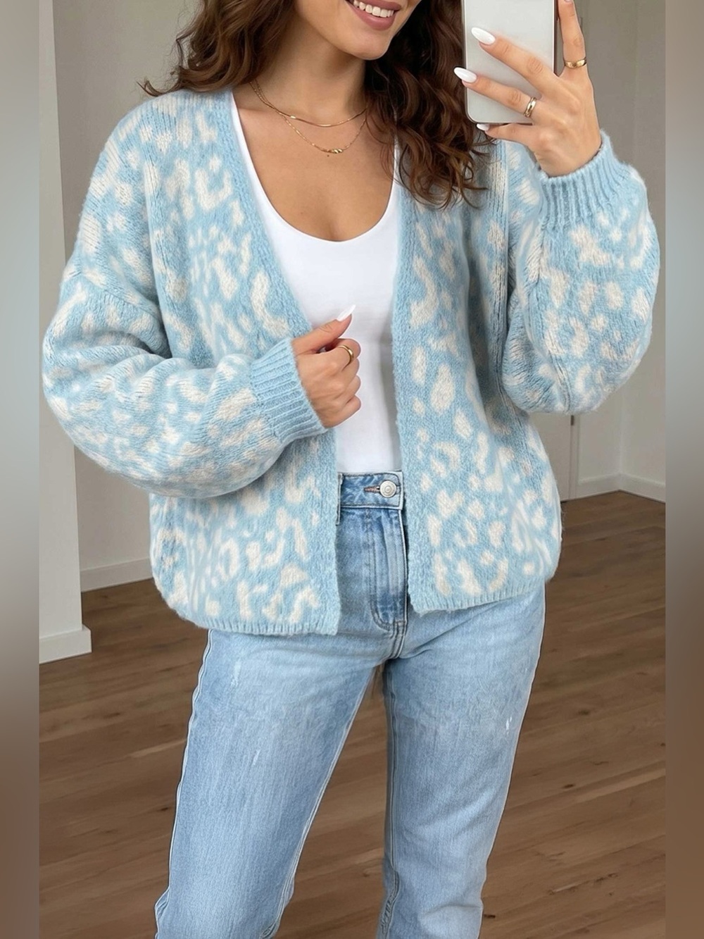 Leopard Print V Neck Long Sleeve Loose Fit Knit Cardigan